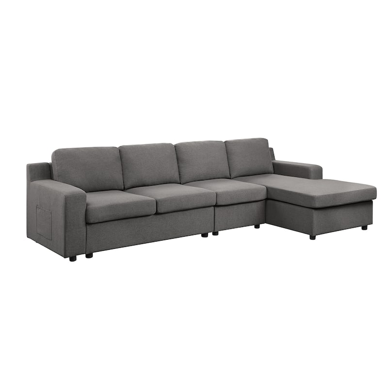 Linen 4-Seater Sectional Sofa Chaise with Pocket in Gray - Right Facing - Gray