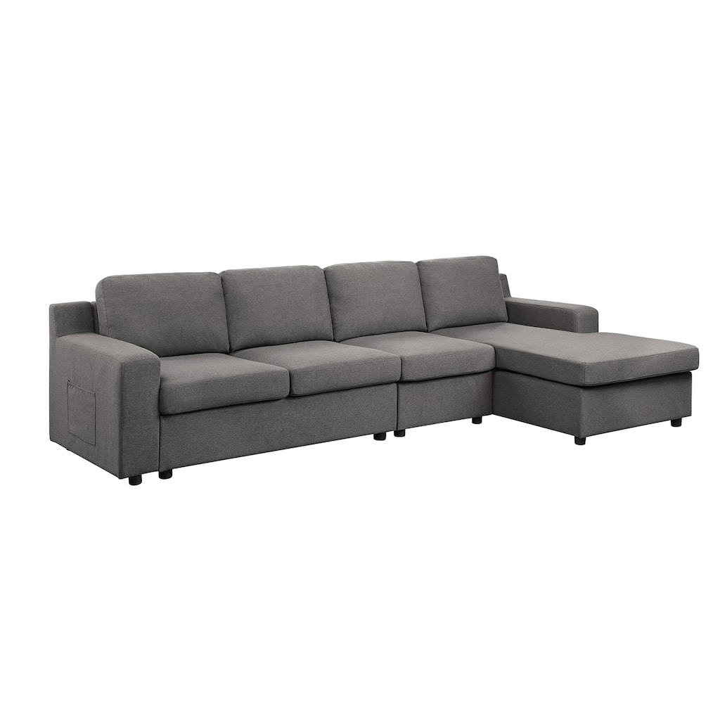 Linen 4-Seater Sectional Sofa Chaise with Pocket in Gray