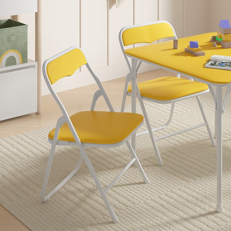 VECELO 5 Pcs Kids Folding Activity Table and Chairs Set, Portable, with Ultra Soft PU Padded Cushion, Matte Black