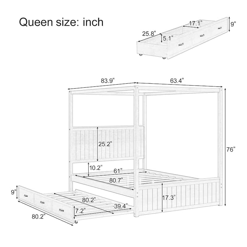 Elegant Queen Size Canopy Bed with Trundle & Storage Drawers by Harper & Bright Designs
