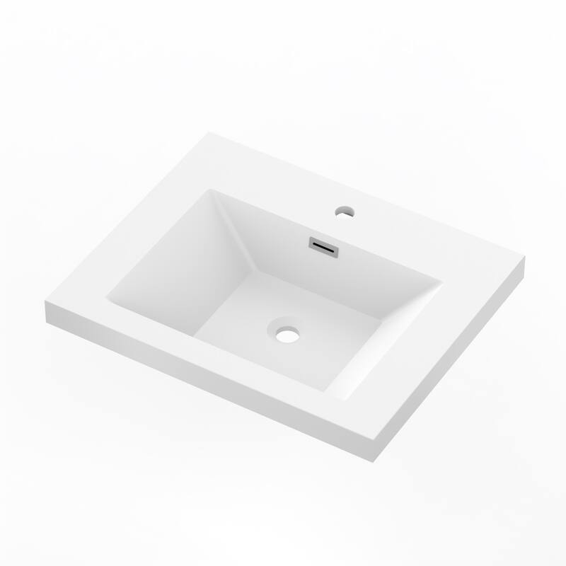 Integrated Resin Bathroom Sink, Modern Square Basin with Overflow, Seamless One-Piece Design - 24"