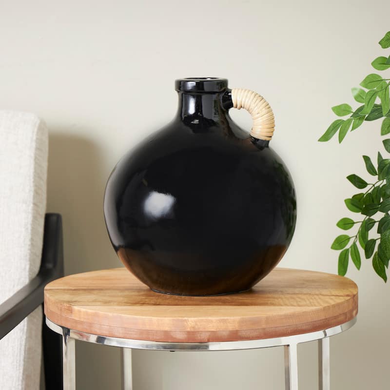 Black Ceramic Jug Inspired Vase with Rattan Wrapped Handle - Black - 12"W, 13"H