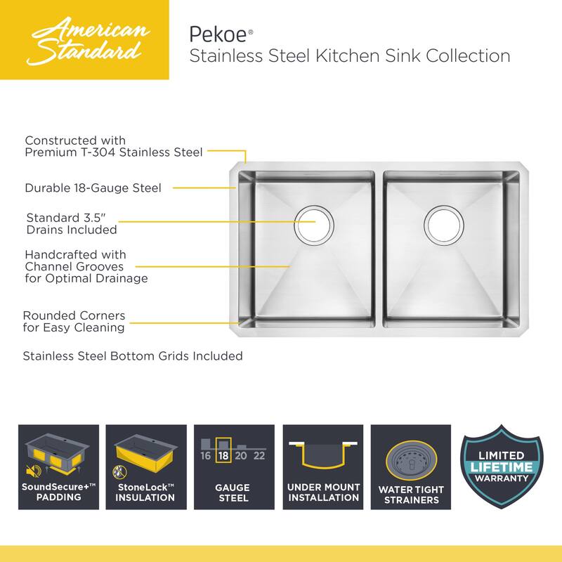 American Standard Pekoe 35" Double Basin Stainless Steel Kitchen Sink