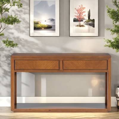 55" MDF V Chevron Pattern Console Table - 2 Drawers & Open Shelf for Hallway and Living Room