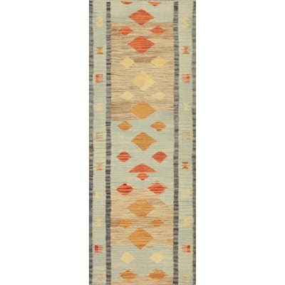 Hand Woven Oriental 100% Wool Carpet Southwestern Tribal Navy Blue & Blues Kilim Runner Rug - 5' 8'' X 2' 0''