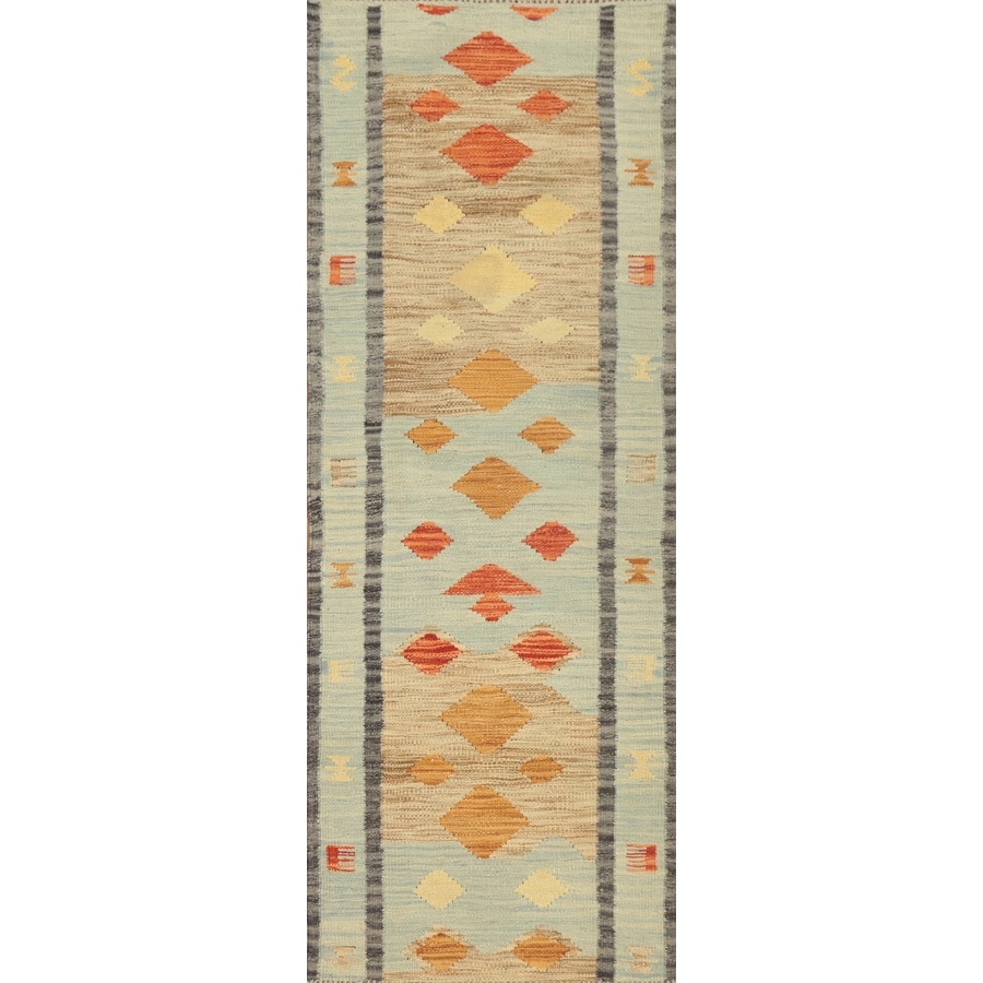 Hand Woven Oriental 100% Wool Carpet Southwestern Tribal Navy Blue & Blues Kilim Runner Rug - 5' 8'' X 2' 0''