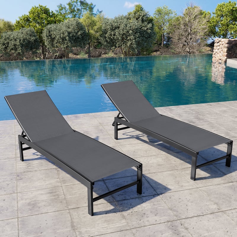 Outdoor All-Weather Patio Chaise Lounge Chairs Sun Lounger with Adjustable Backrest - Dark Grey - 2PC