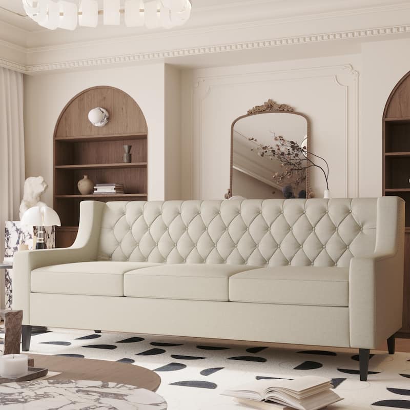 Beige Mid Century Modern 78.75" Polyester 3-seater Sofa with Button Tufted Backrest and Comfy Cushion for Living Room