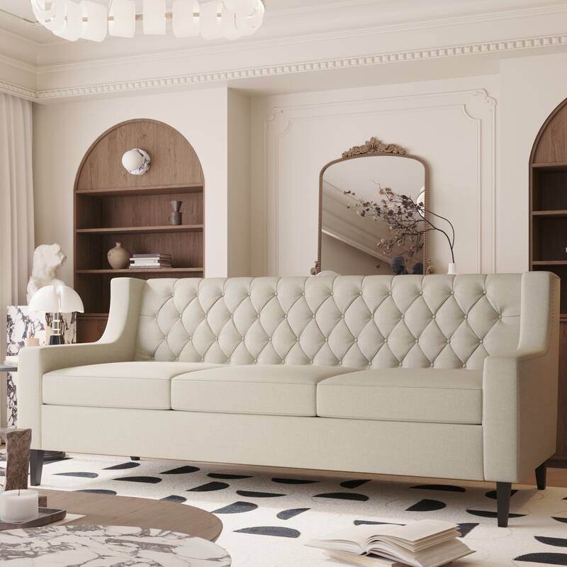 Beige Polyester 3-seater Sofa with Tufted Backrest
