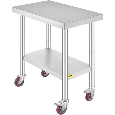 30 x 18 x 34 inch Stainless Steel Work Table 3-Stage Adjustable Shelf with 4 Wheels Heavy Duty Commercial Food Prep Work Table