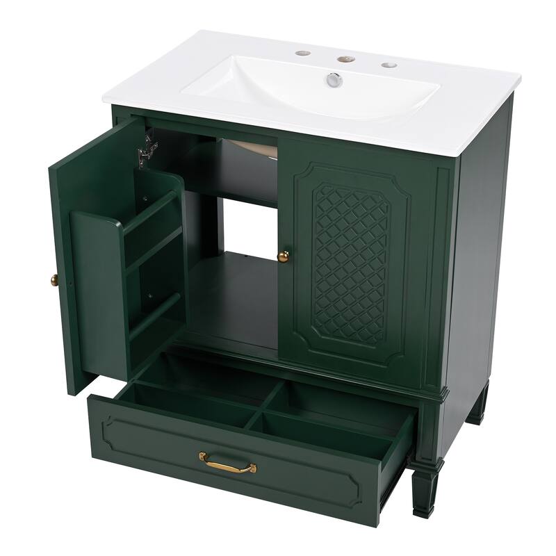 Roomfitters 30" Vintage Style Bathroom Vanity with Ceramic Sink, Customizable Storage Drawer and Soft-Close Door