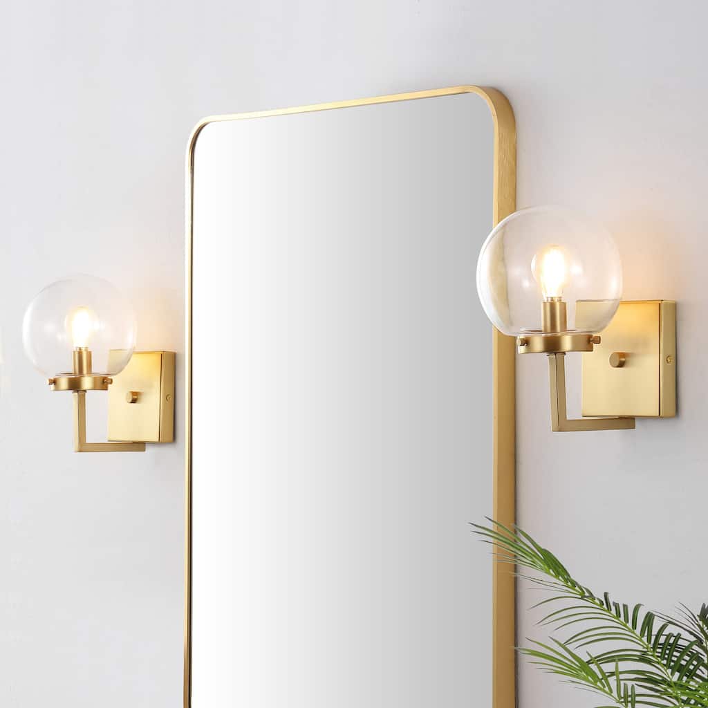 SAFAVIEH Lighting Ganon Wall Sconce (Set of 2) - Satin Brass/Clear - 6"W x 7"D x 9"H