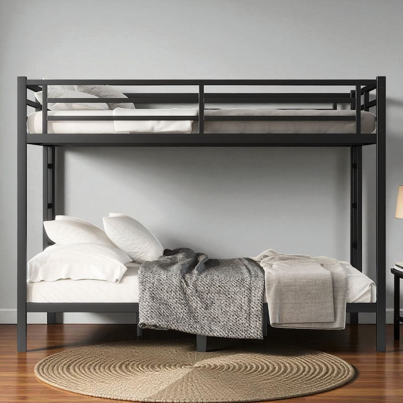 Metal Queen over Queen Bunk Bed for Teens and Adults, Heavy-Duty Noise-Free Frame with Dual Ladders and Guardrails