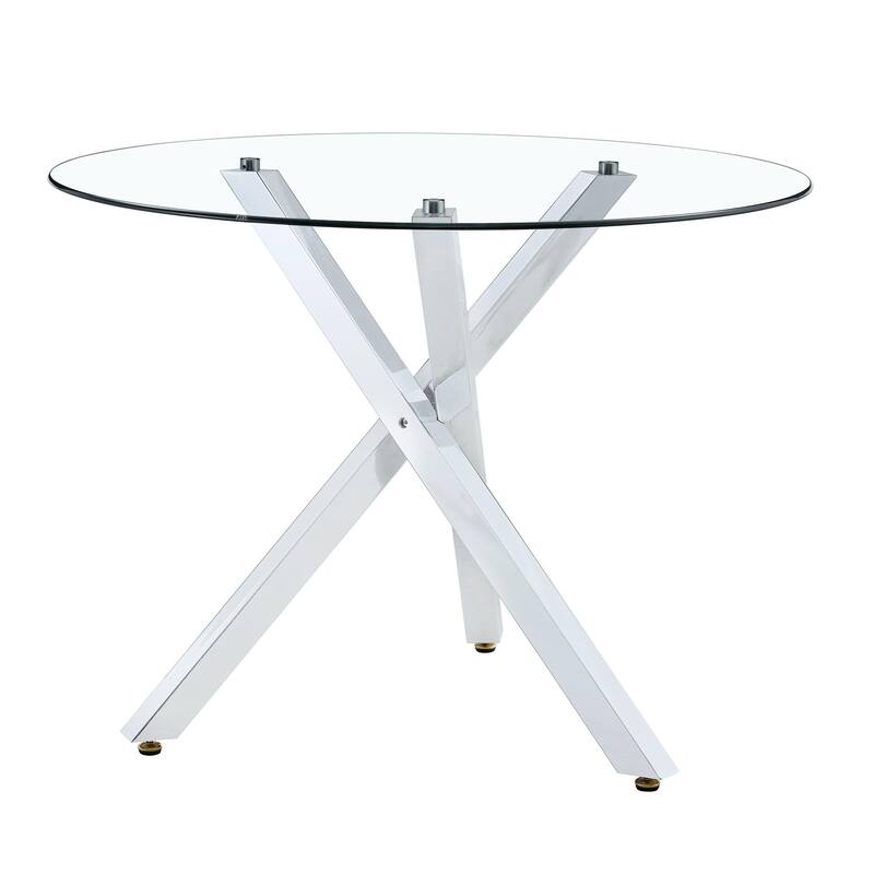 Round glass dining table suitable for 2-4 people diameter 39 inches, height 30 inches, X-shaped silver metal frame