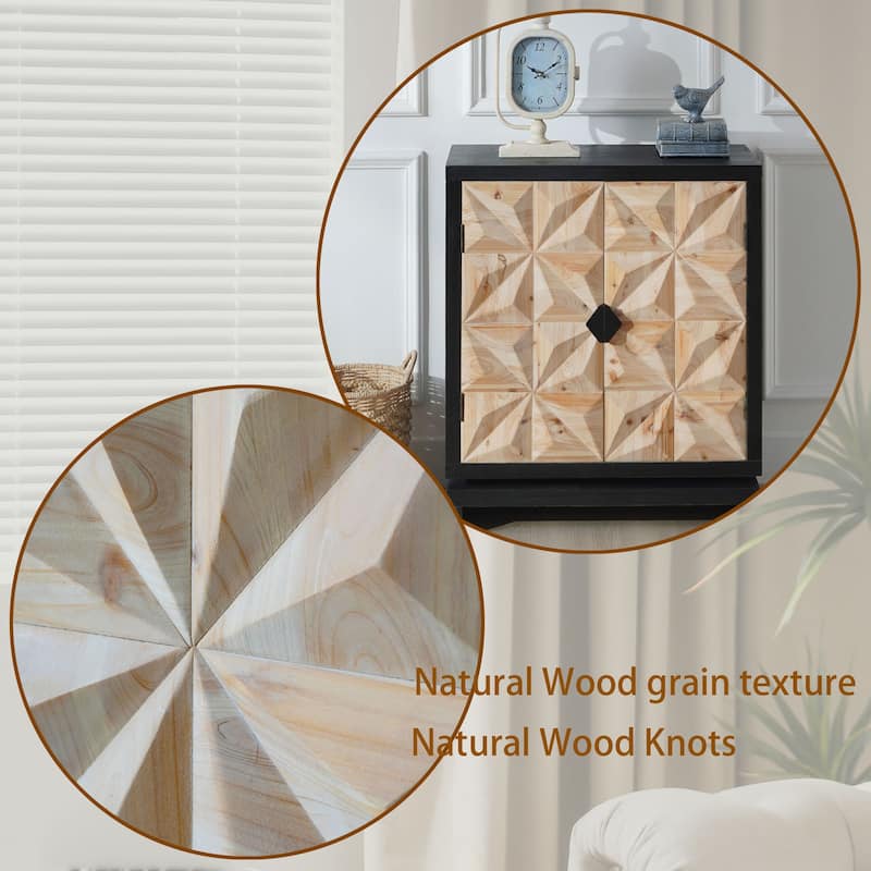 Roomfitters 3D Geometric Carved Double-Door Cabinet, Modern Black and Natural Wood Storage Sideboard