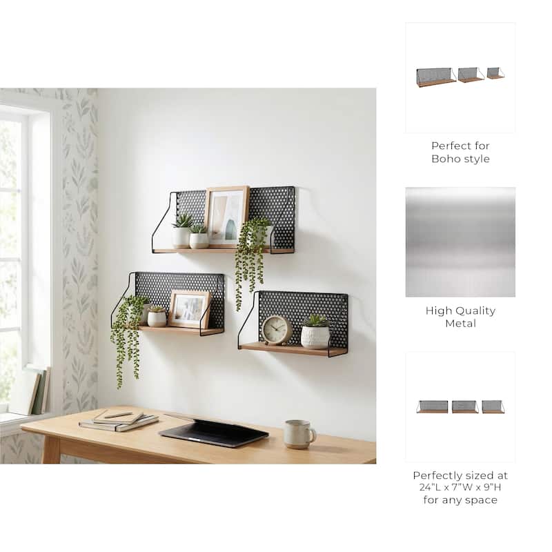 Metal Wood Rectangular Wall Shelf Set - Brown, 16/20/24" - 24.0"