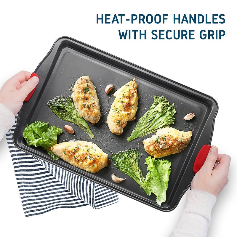 JoyTable Nonstick Steel Baking Sheet - 2PC Cookie Sheet Set with Silicone Handles - Black BPA Free Baking Pan for Oven