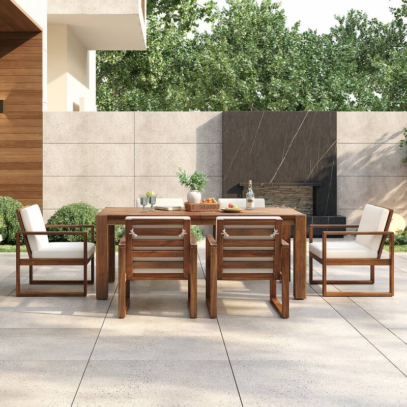 7-Piece Outdoor Patio Dining Table and Chairs Set with Umbrella Hole & Removable Cushion
