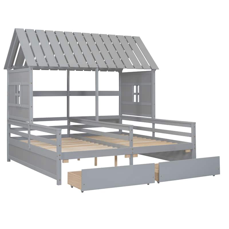 Twin Size Wood House Platform Beds with 2 Drawers for Boy and Girl Shared Beds, Combination of 2 Side by Side Twin Size Beds