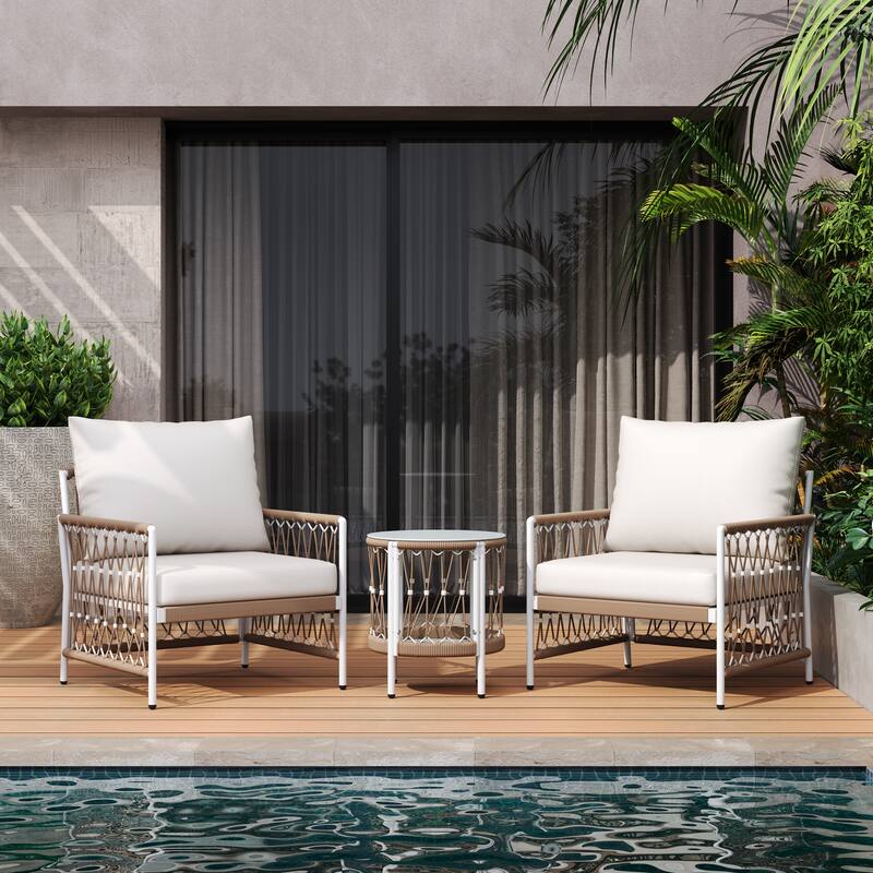 3 Pieces Woven Rope Patio Bistro Set, Outdoor Furniture Set with 2 Pieces Accent Lounge Chairs & Side Table for Garden, Poolside - Beige+Natural