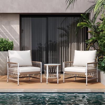3 Pieces Woven Rope Patio Bistro Set, Outdoor Furniture Set with 2 Pieces Accent Lounge Chairs & Side Table for Garden, Poolside