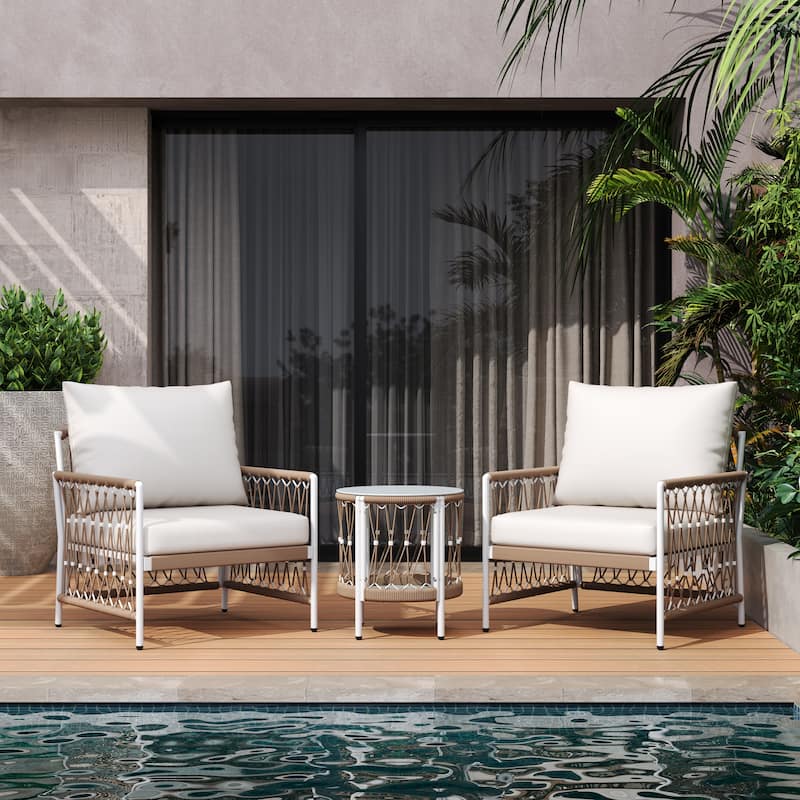 Christopher Knight Home - Aurelius 3-Piece Bohemian Steel Outdoor Chat Set - Natural + Beige