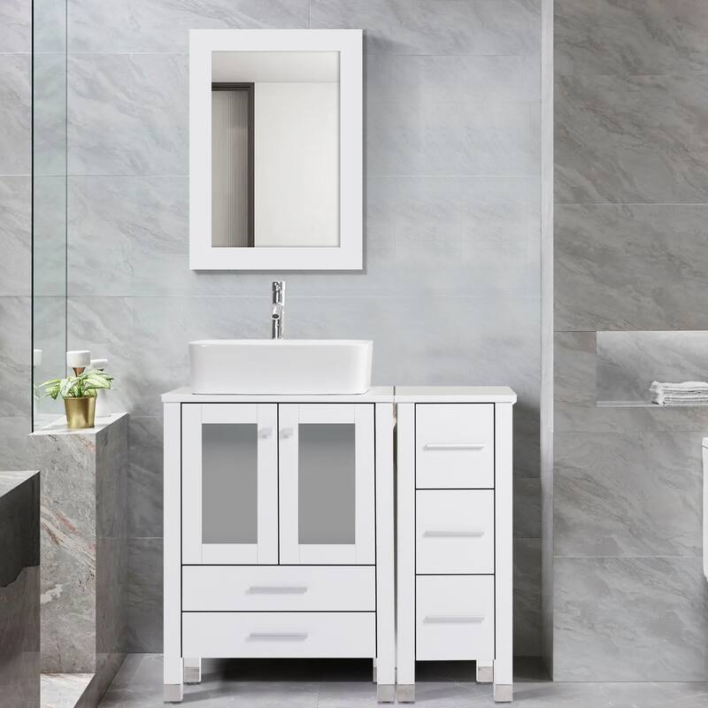 36" Bathroom Vanity with Sink Set Side Cabinet - White - W-Ceramic rectangular sink