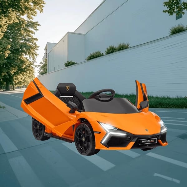 slide 2 of 11, 12V Lamborghini Electric Ride-On Car for Kids, Battery Powered with Remote, Spring Suspension, Music, and Transport Wheels Orange
