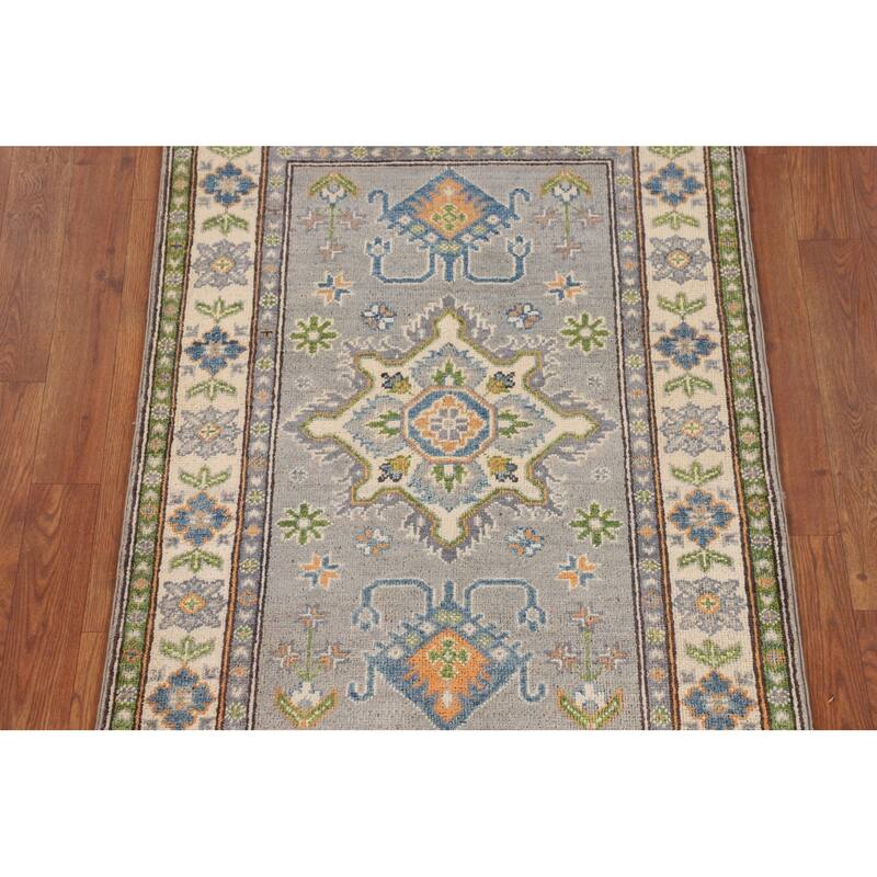 Gray Geometric Kazak Oriental Accent Rug Handmade Foyer Wool Carpet - 2'8" x 4'1"