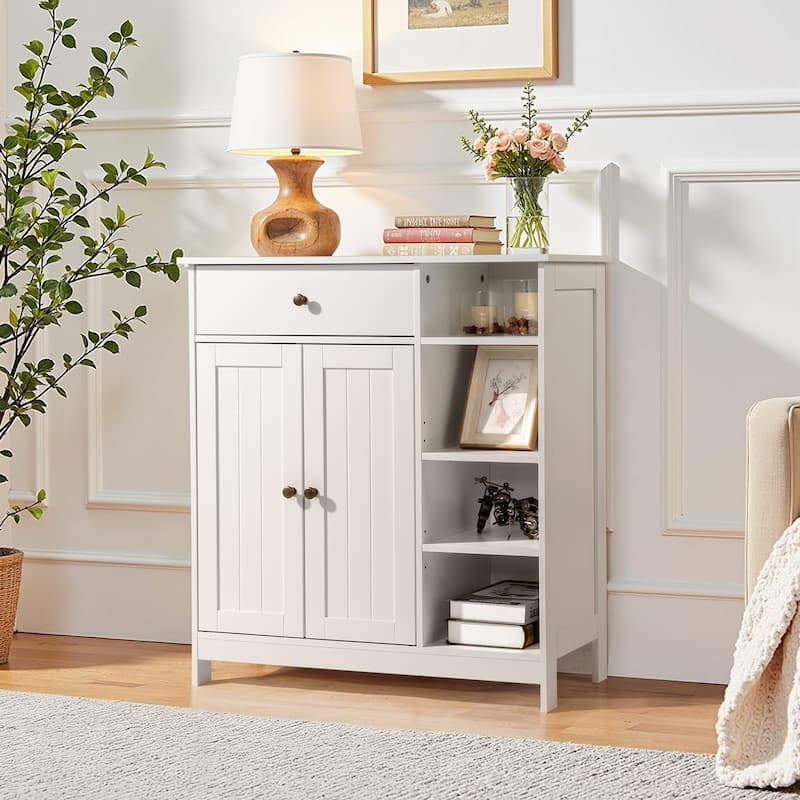 Freestanding White MDF Bathroom Storage Cabinet with Drawer and 2 Adjustable Shelves for Small Essential