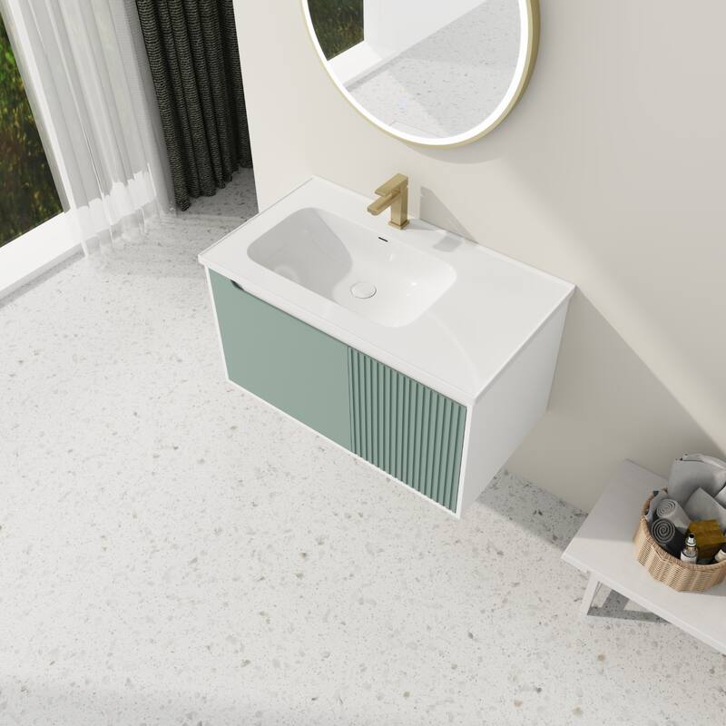 35.6-Inch Modern Floating Vanity with Eco-Friendly Plywood Base and Durable Ceramic Basin - 35.6in L