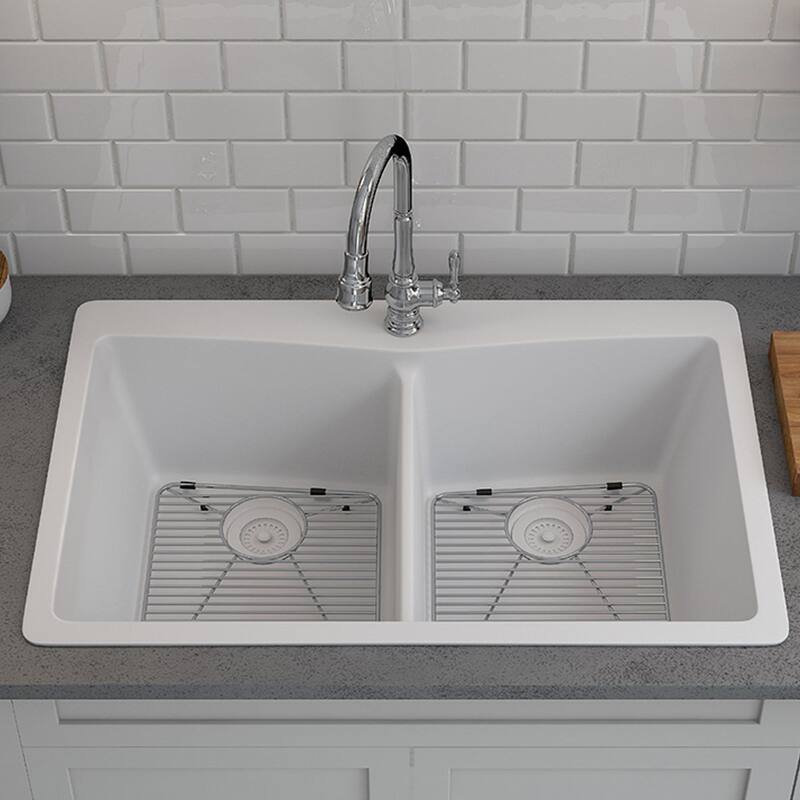 Lexicon Platinum Quartz 33 Inch Double Equal Bowl Undermount Kitchen Sink with Bottom Grids and Strainers , Disposal Flange