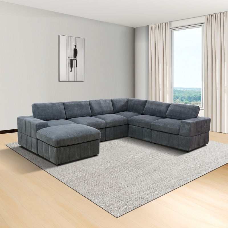 Corduroy Modular Sectional Sofa with Ottoman, Deep Seat L-Shaped Couch for Living Room, Dark Gray
