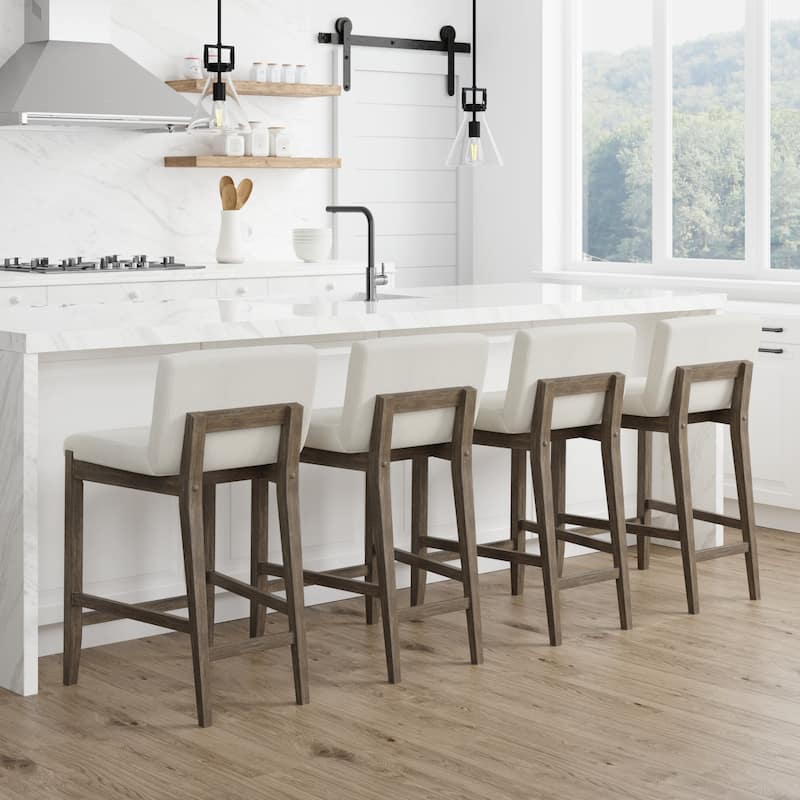 Gracie Modern Bar Stool, Boucle Upholstered Chair and Brushed Wooden Legs - Set of 4 - Cream Boucle/Dark Brown - Counter Height
