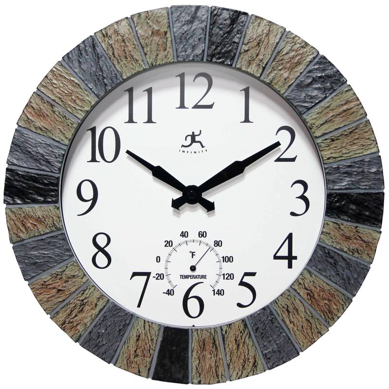Faux 13 inch Indoor/Outdoor Wall Clock with Thermometer - 13 x 2 x 13 - Light Gray Slate