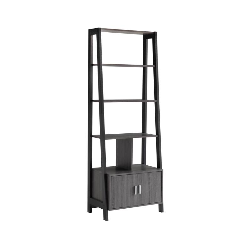 70 Inch Ladder Bookcase with Double Door Cabinet, 3 Shelves, Gray, Black