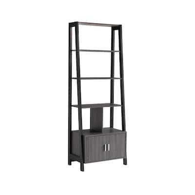 70 Inch Ladder Bookcase with Double Door Cabinet, 3 Shelves, Gray, Black