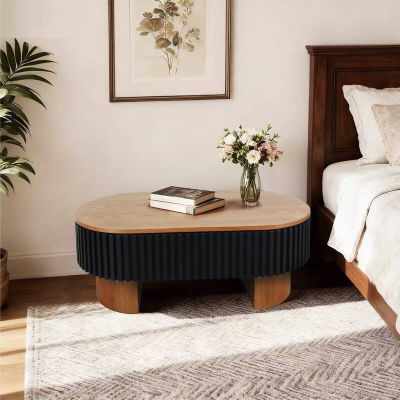 Oval Coffee Table with Hidden Storage, Low Profile Wood Center Table Stylish Tea Table with Solid Wood Veneer & Removable Top