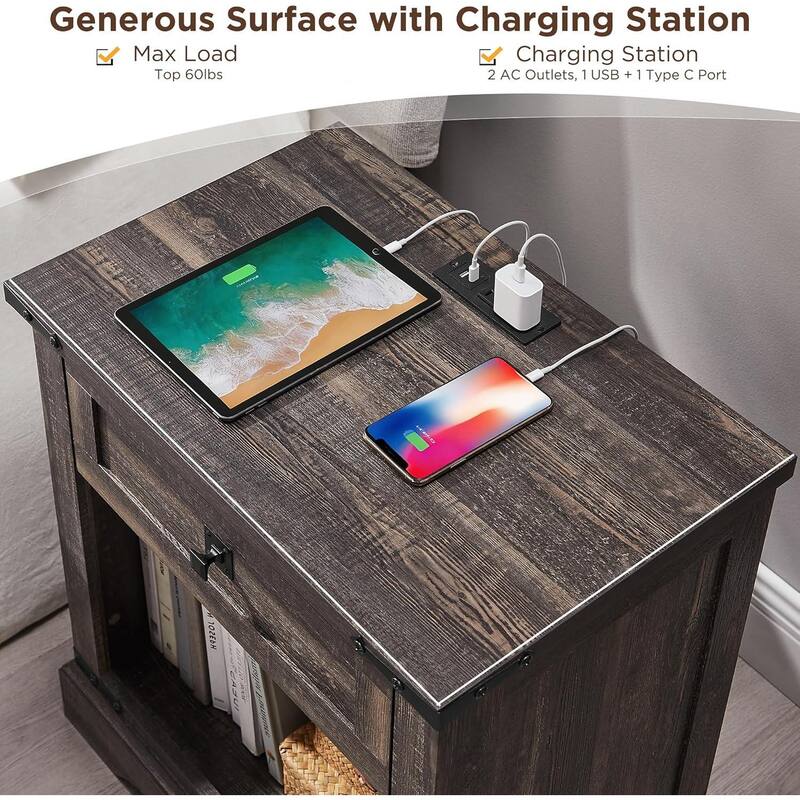 Farmhouse Nightstand with Charging Station，Beside Table for Bedroom