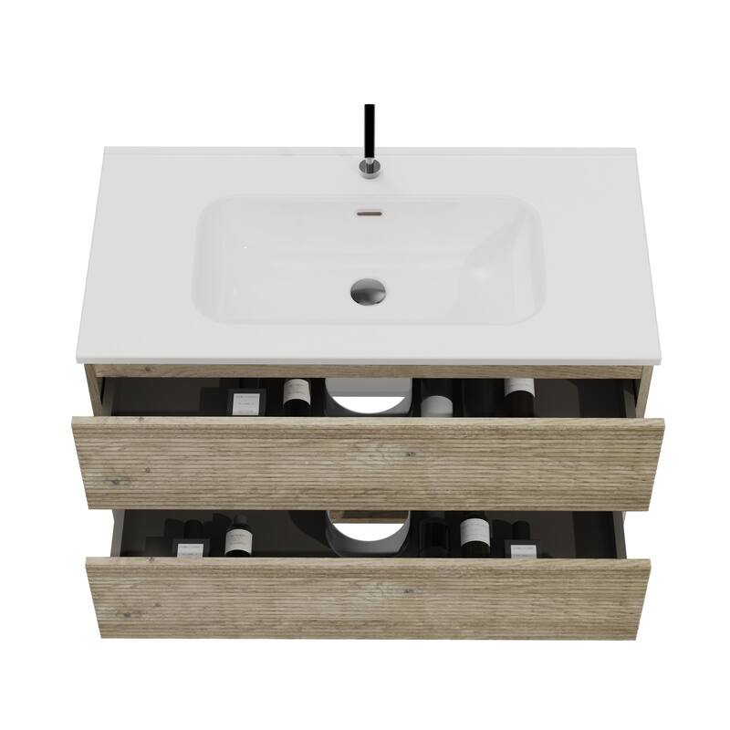 GDFStudio - Gloria Modern Wall-Mounted Floating Bathroom Vanity with Integrated Ceramic Basin & Soft-Close Drawers