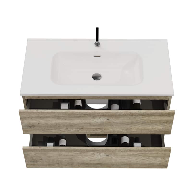 Wall Mounted Bathroom Vanity with Integrated Ceramic Sink with Overflow