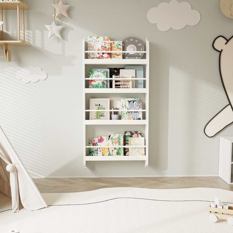 4-Tier Kids Bookshelf, Wall Mounted Kids Bookcases Organizer for Toys and Books