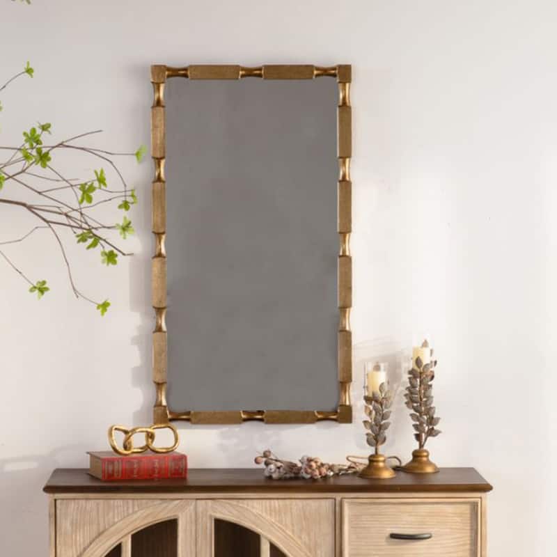 Gold Bamboo-Style Rectangular Wall Mirror - Textured Frame Decor for Living Room, Bedroom, Entryway
