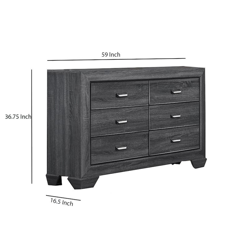 6 Drawer Wooden Dresser with Raised Border and Cup Pulls, Dark Gray