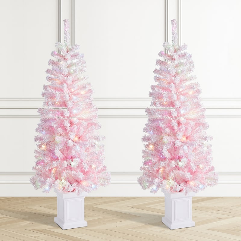 Glitzhome 4ft/5ft Pre-Lit Flocked Pink Artificial Christmas Porch Tree with Foot Pedal LED Lights