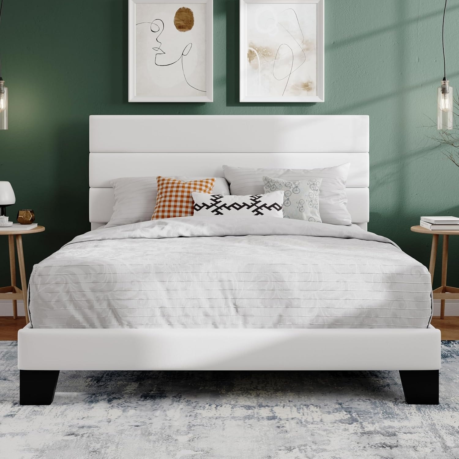 Full Platform Bed Frame with Velvet Upholstered Headboard, Strong Wooden Slats, No Box Spring Needed, White