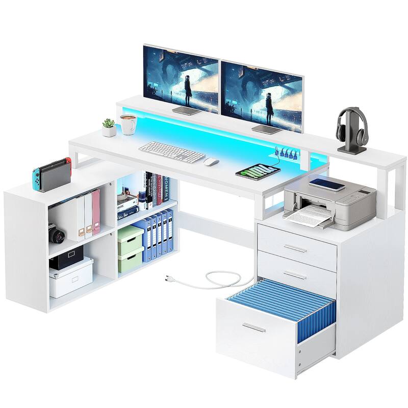 Moasis L Shaped Office Home LED Computer Gaming Desk with Drawers and Storage Shelves
