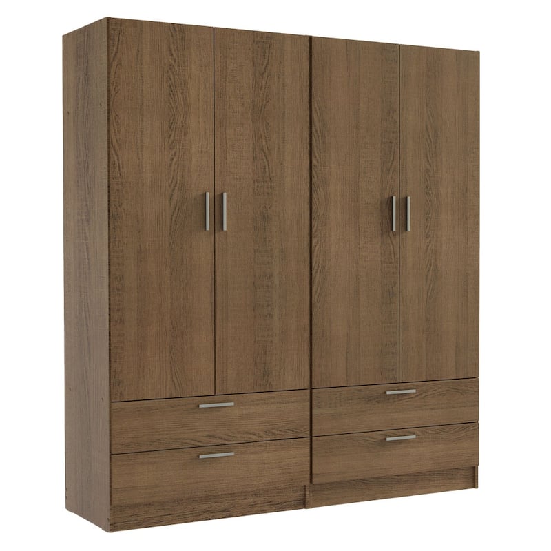 Madesa 4 Doors 4 Drawers Wardrobe With Hanging Space 63"L - Brown