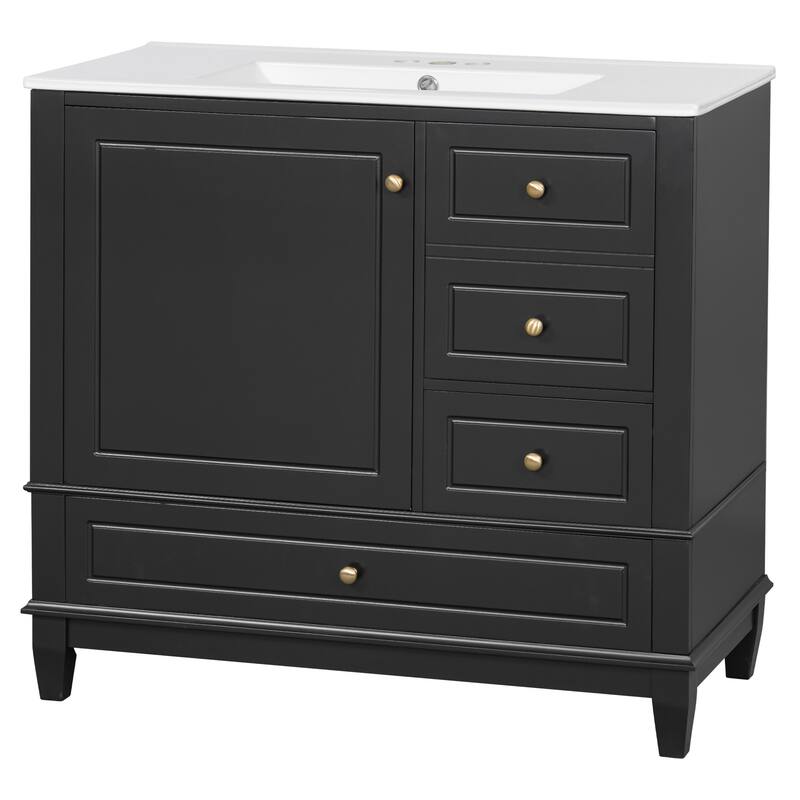 Roomfitters 36" Bathroom Vanity with Ceramic Sink, Solid Wood Frame, 3 Drawers & Soft-Close Door with Racks