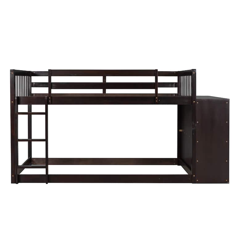 Twin over Twin Bunk Bed Wood Frame Bed with 4 Storage Drawers and 3 Shelves, Full-Length Guardrail Top Bunk for Kids Teens